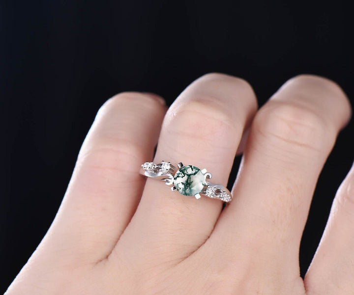 Round cut moss agate ring gold silver vintage style unique green moss agate engagement ring antique diamond ring bridal wedding ring women
