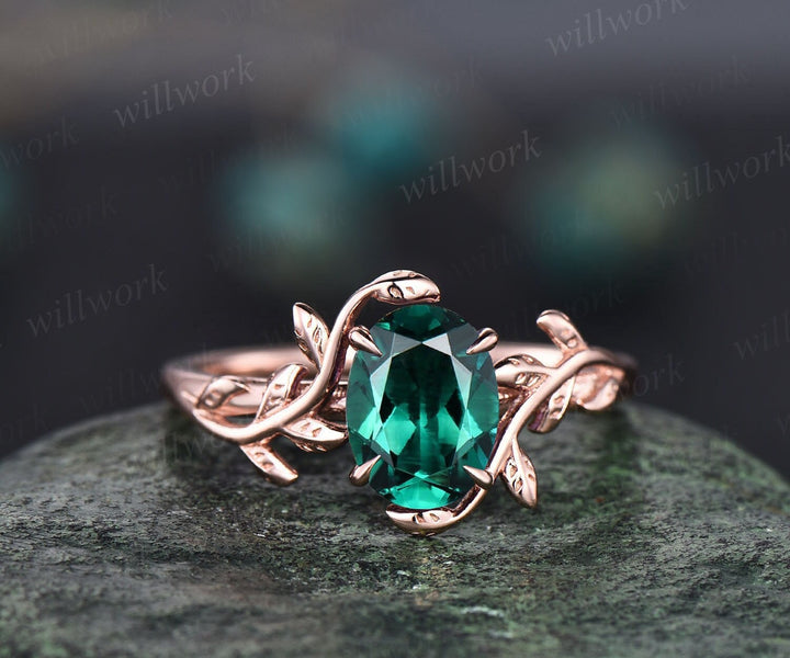 Oval cut emerald ring gold silver for women green emerald engagement ring leaf vintage solitaire unique alternative engagement ring gifts