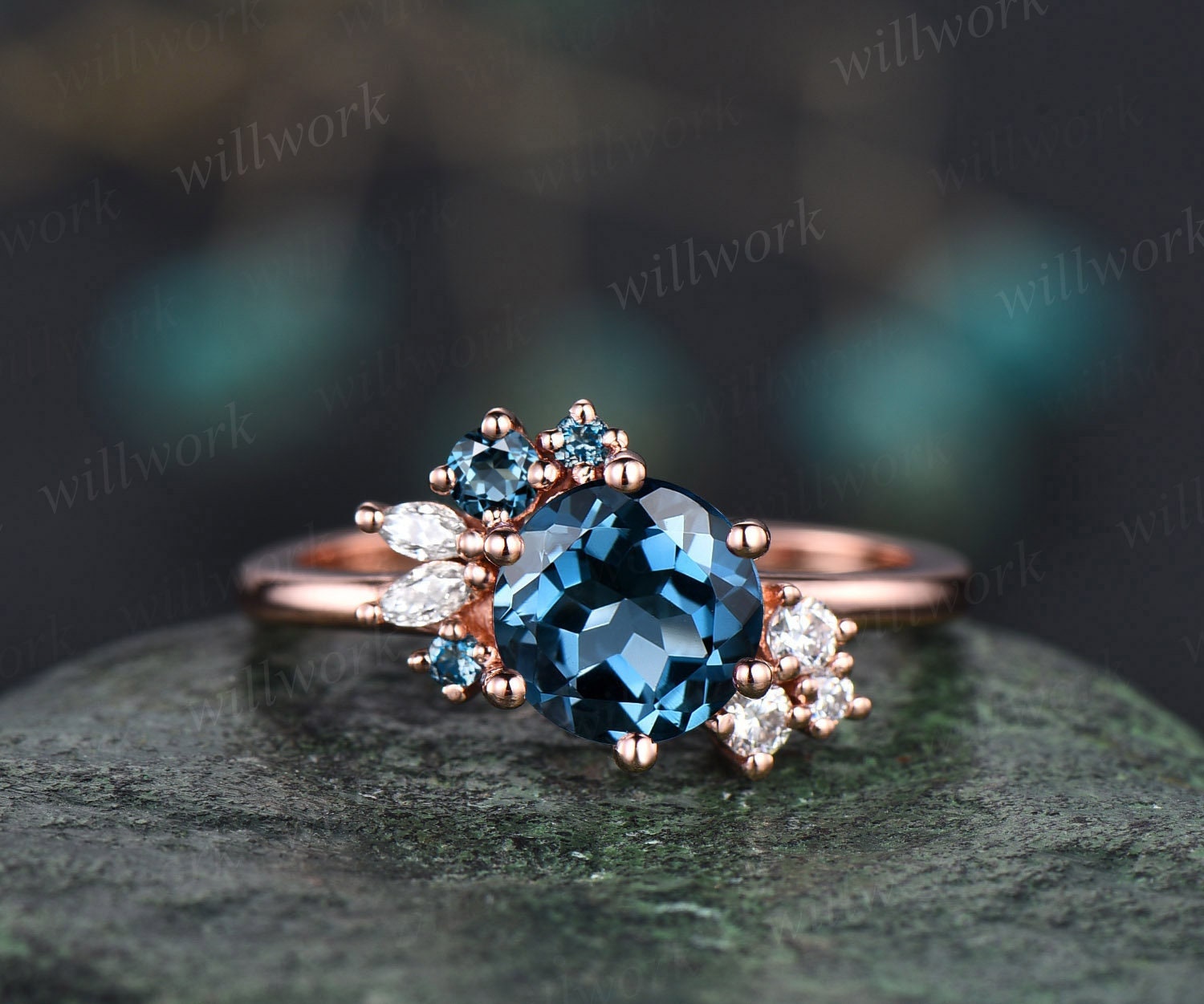 Round cut London blue topaz engagement ring rose gold unique cluster e ...