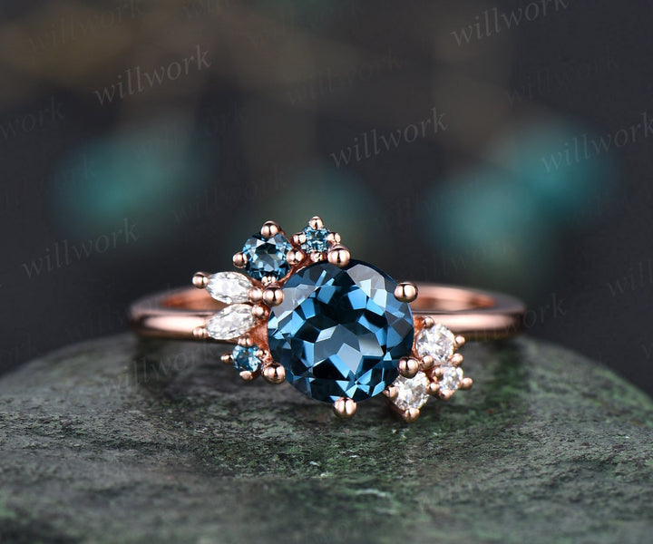 Round cut London blue topaz engagement ring rose gold unique cluster engagement ring art deco diamond ring topaz ring moissanite ring women