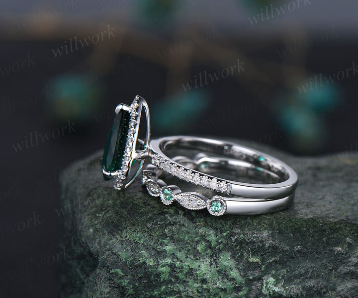 Pear shaped emerald ring gold vintage emerald engagement ring set halo unique engagement ring half eternity diamond wedding ring set women