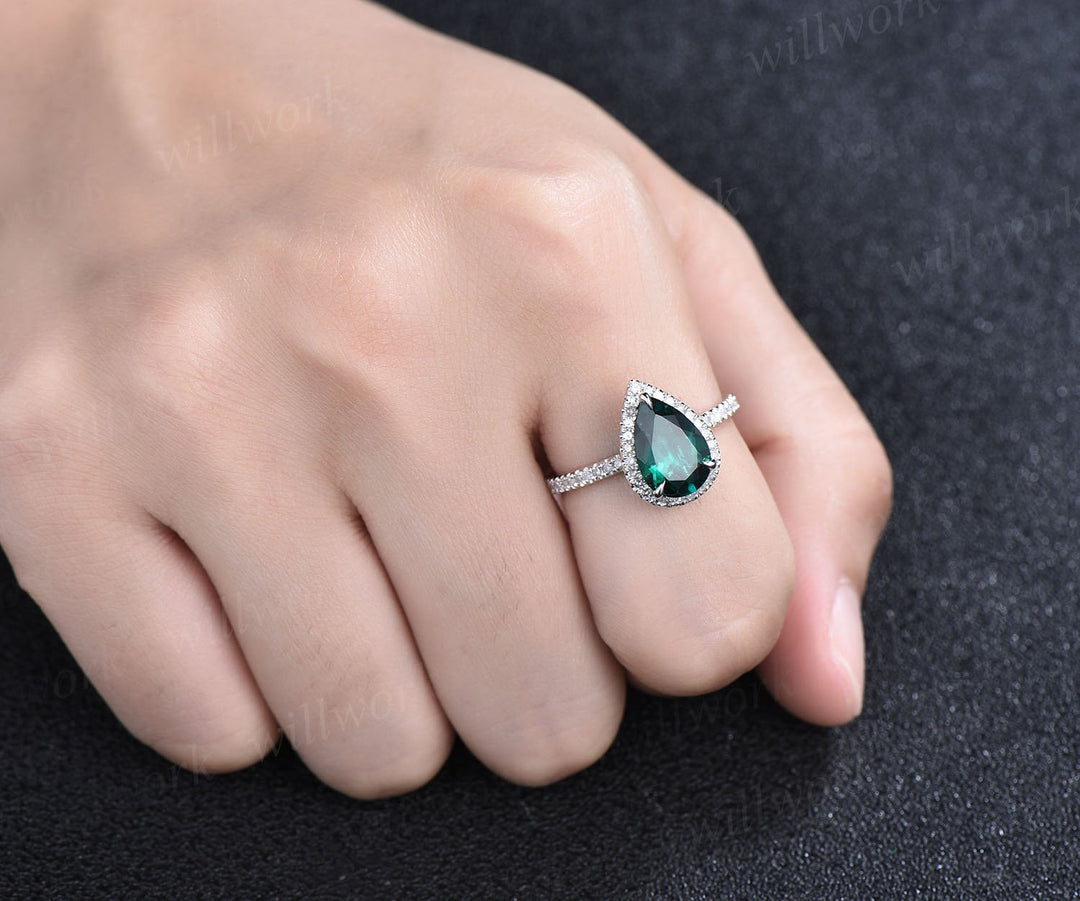 Pear shaped emerald ring gold vintage emerald engagement ring set halo unique engagement ring half eternity diamond wedding ring set women