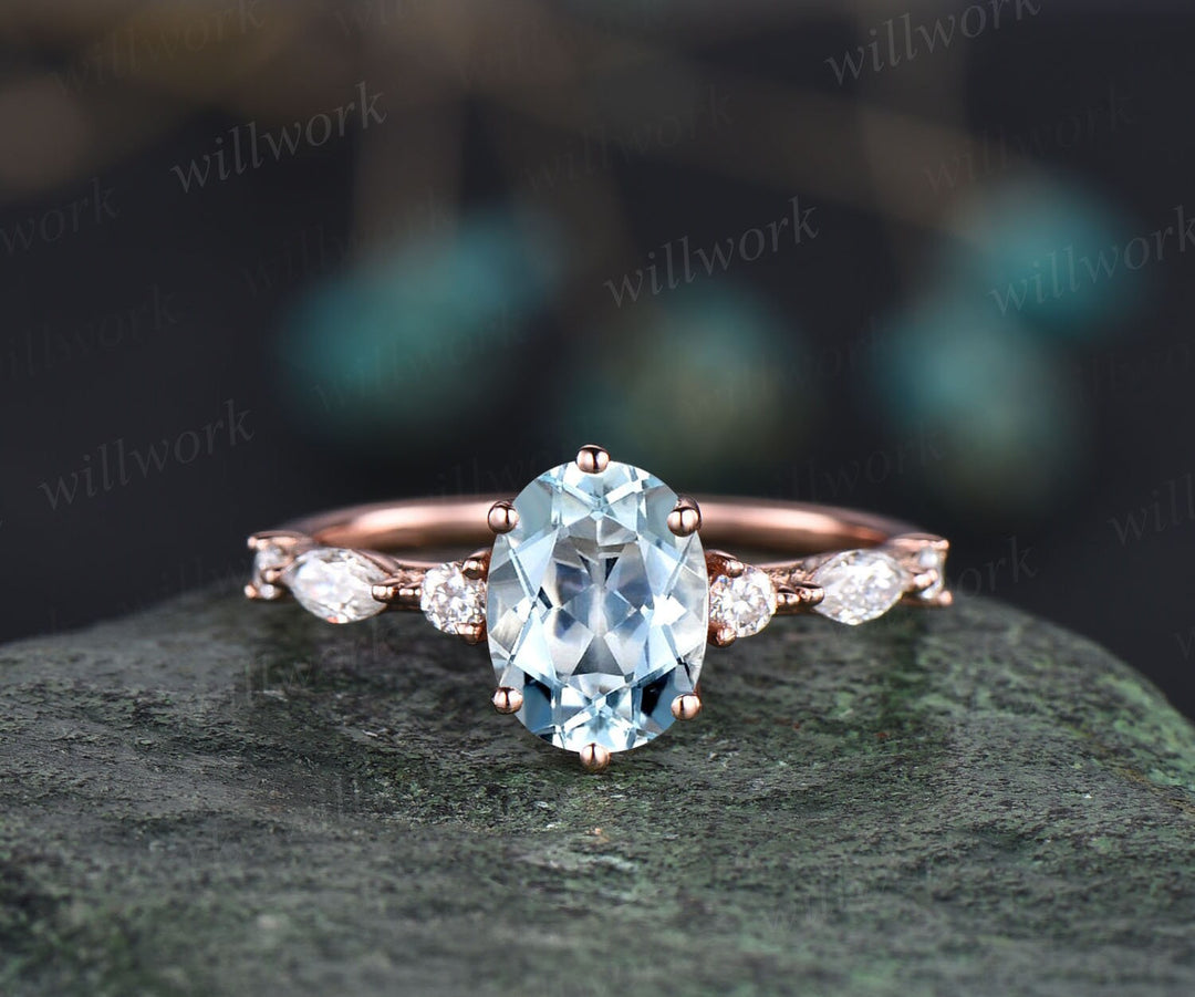 Oval aquamarine engagement ring set rose gold vintage art deco Alternative unique engagement ring marquise diamond wedding ring set women