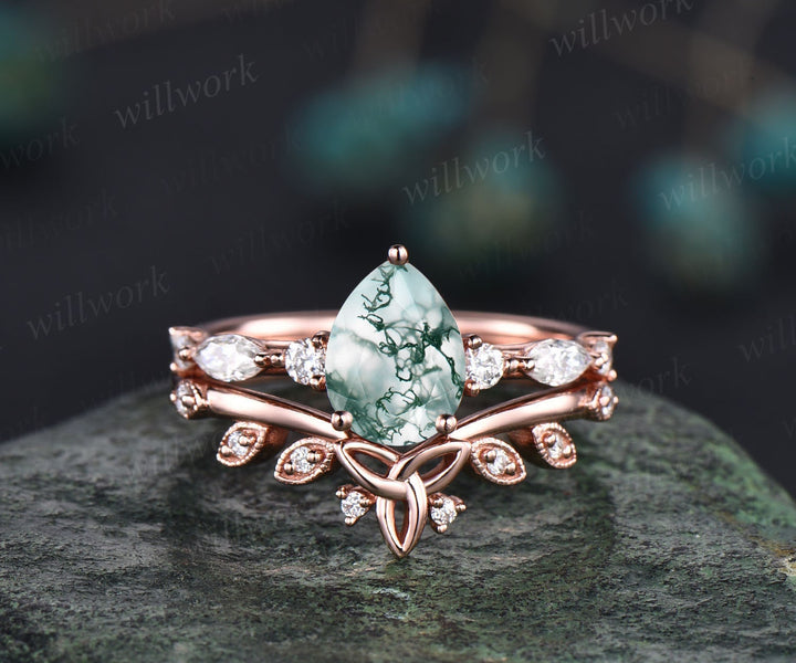 Vintage pear shaped moss agate engagement ring set rose gold art deco unique engagement ring marquise cut diamond ring bridal ring set women