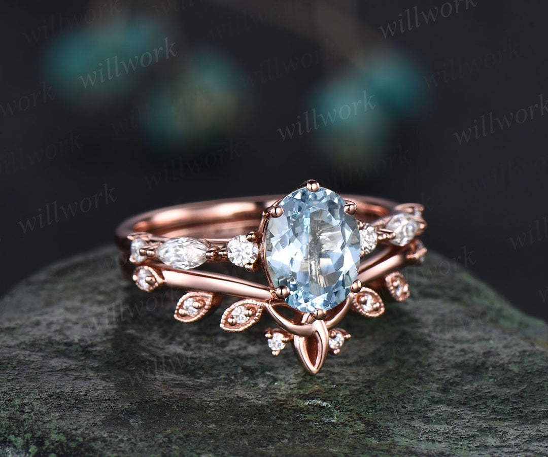 Oval aquamarine engagement ring set rose gold vintage art deco Alternative unique engagement ring marquise diamond wedding ring set women