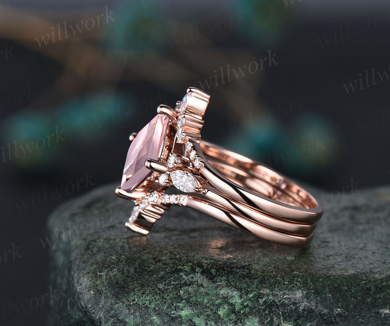 Art Deco Morganite Ring Sterling Silver Oval Morganite Engagement Ring Unique Twig Citrine Wedding Ring Delicate Ring deals Anniversary Gift