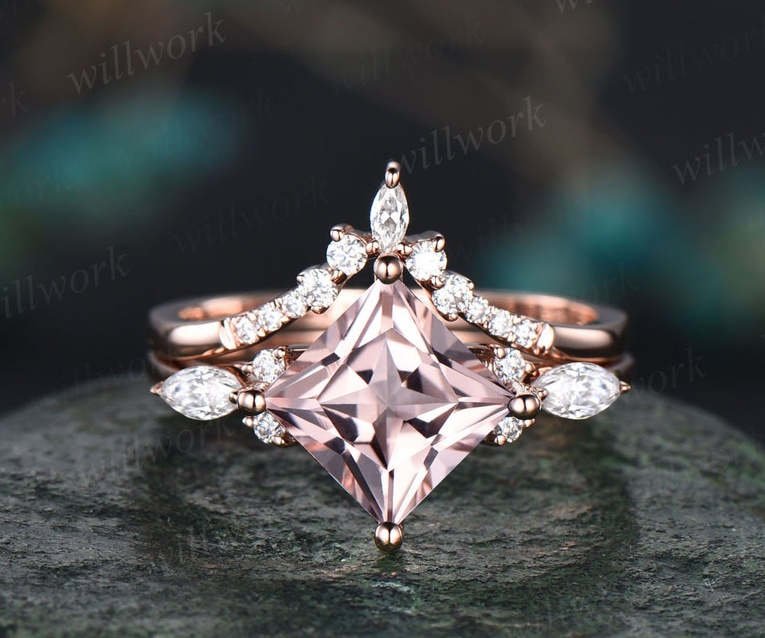 Vintage princess cut morganite engagement ring set rose gold unique engagement ring art deco moissanite promise wedding ring set for women