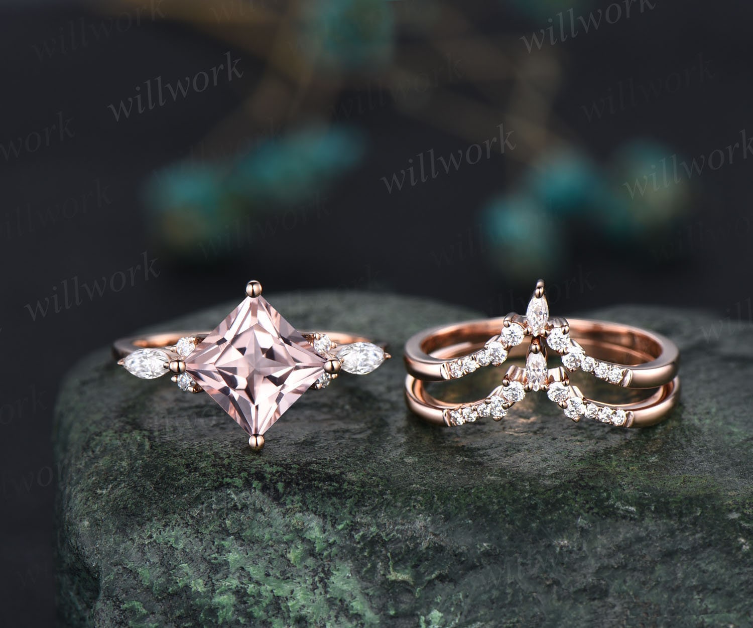 Unique Round cut Morganite engagement ring set Vintage Rose gold diamond engagement ring art top deco ring Bridal promise Anniversary gift Girl