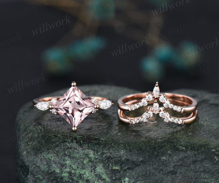 Vintage princess cut morganite engagement ring set rose gold unique engagement ring art deco moissanite promise wedding ring set for women