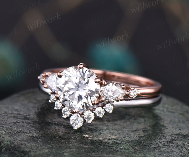 Round cut moissanite ring vintage moissanite engagement ring set five stone rose gold unique engagement ring promise bridal wedding ring set