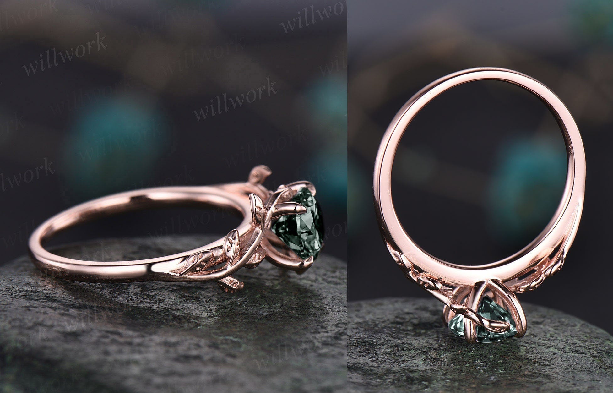 Round cut moss sold agate ring for women dainty Twig vintage moss agate engagement ring leaf art deco rose gold wedding bridal promise ring gift