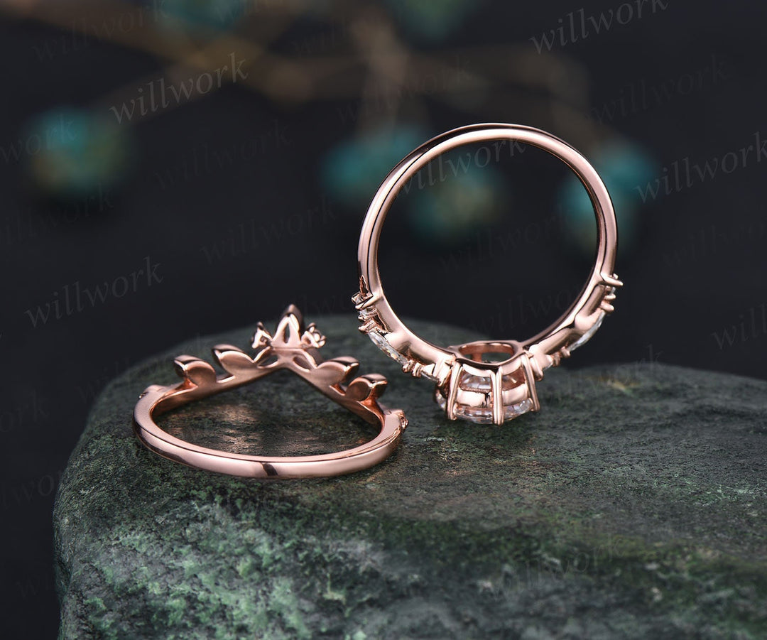 Round cut moissanite ring gold silver vintage unique moissanite engagement ring set art deco marquise cut diamond bridal ring set for women