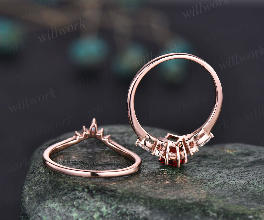 Vintage kite cut red garnet engagement ring set rose gold unique engagement ring marquise cut moissanite ring for women anniversary ring set