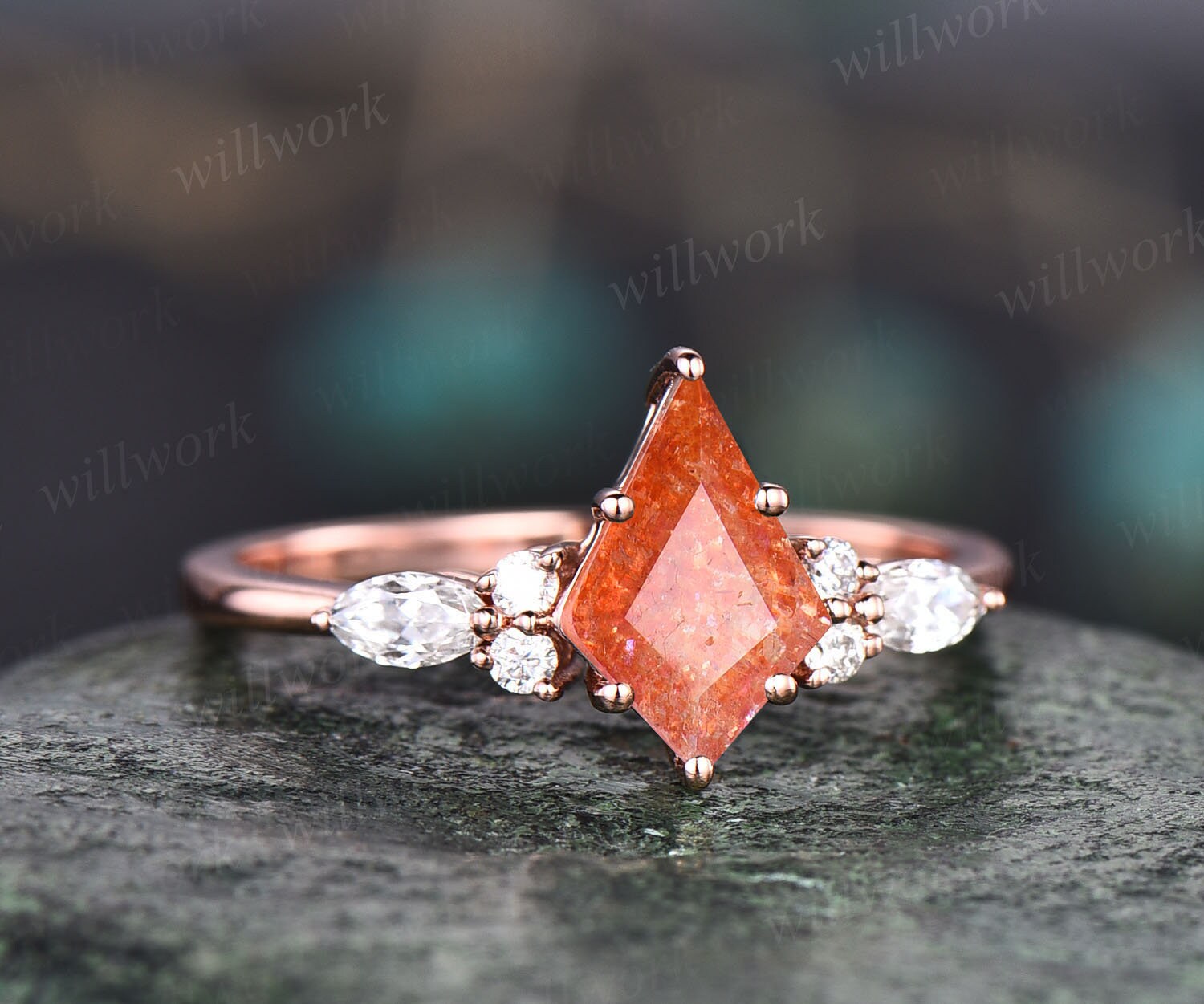 Orange Sunstone engagement ring gold for women vintage unique cluster Kite cut natural offers Black Onyx ring art deco Woman anniversary ring gifts