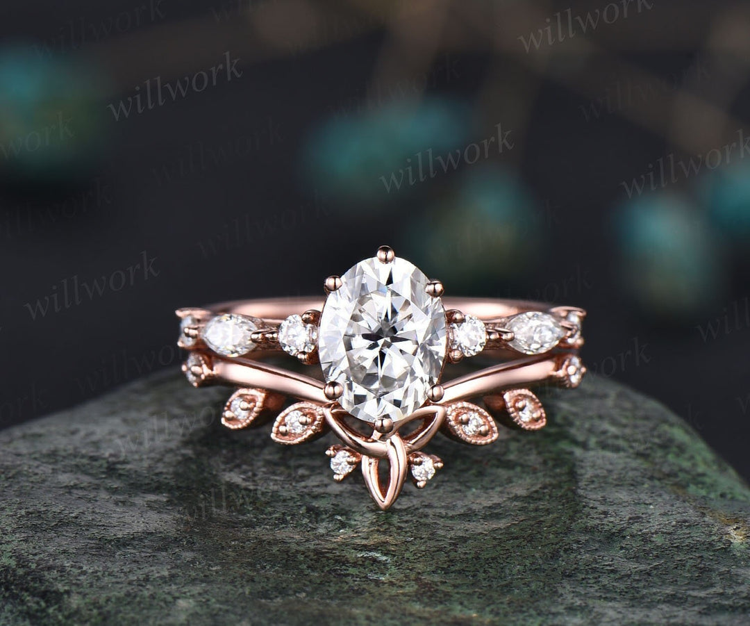 Oval cut moissanite ring gold silver alternative unique moissanite engagement ring set antique diamond ring rose gold bridal ring set women