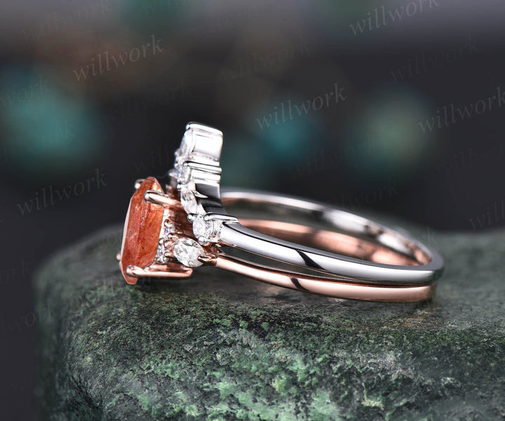 Oval orange sunstone ring gold vintage sunstone engagement ring set art deco unique engagement ring marquise cut moissanite ring for women