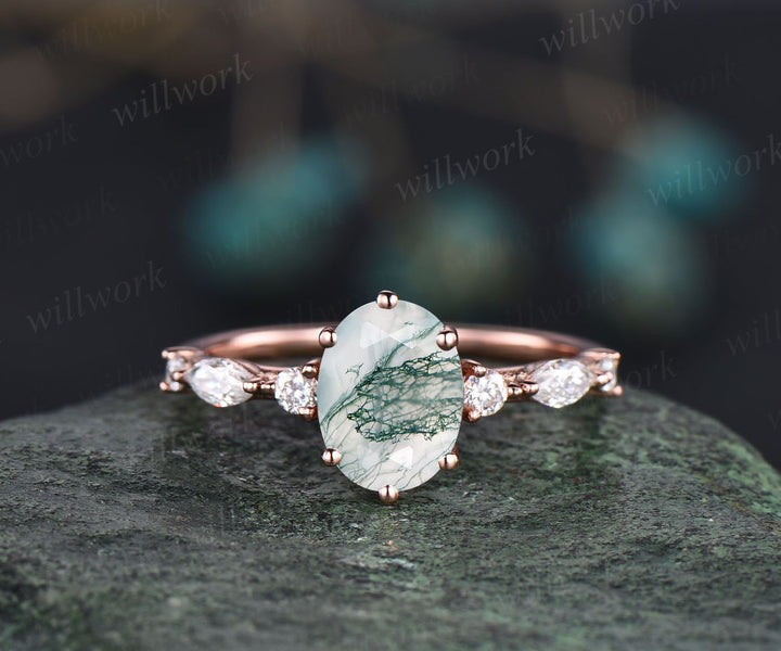 Oval moss agate ring set gold silver Vintage green moss agate engagement ring set rose gold art deco unique engagement ring diamond ring 14k