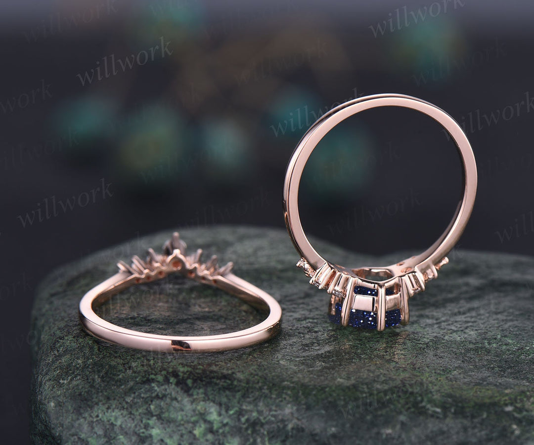 Hexagon cut blue sandstone ring gold silver vintage snowdrift engagement ring set unique engagement ring diamond bridal ring set for women