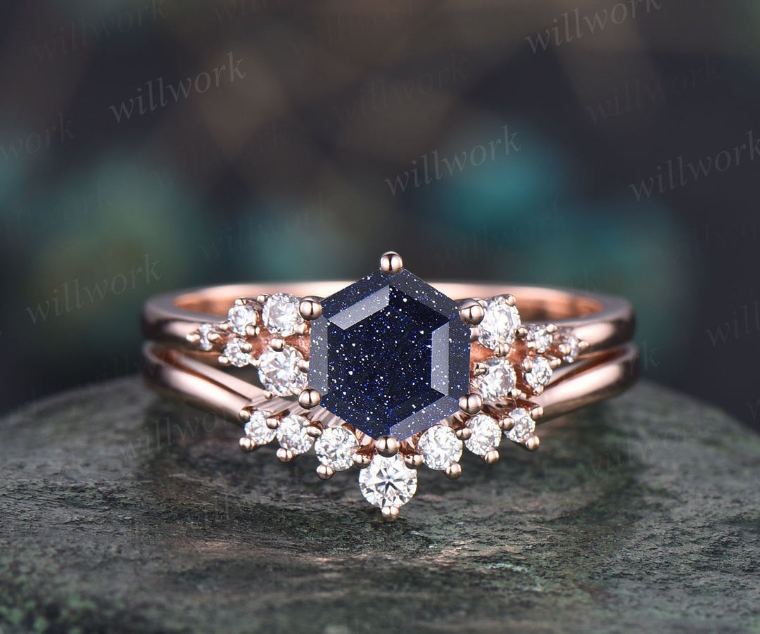 Hexagon cut blue sandstone ring gold silver vintage snowdrift engagement ring set unique engagement ring diamond bridal ring set for women
