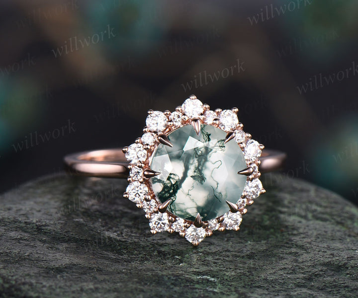 Round green moss agate ring gold vintage moss agate engagement ring rose gold halo unique engagement ring moissanite promise ring for her
