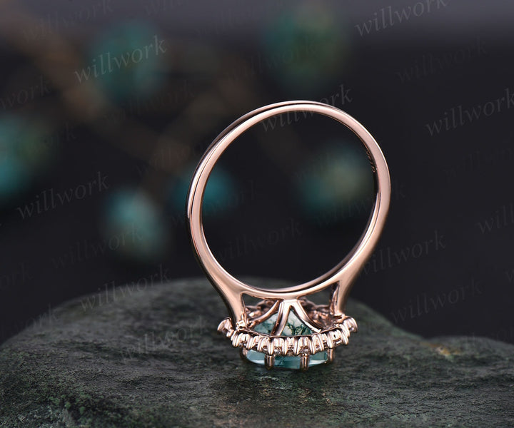 Round green moss agate ring gold vintage moss agate engagement ring rose gold halo unique engagement ring moissanite promise ring for her