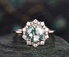 Round green moss agate ring gold vintage moss agate engagement ring rose gold halo unique engagement ring moissanite promise ring for her