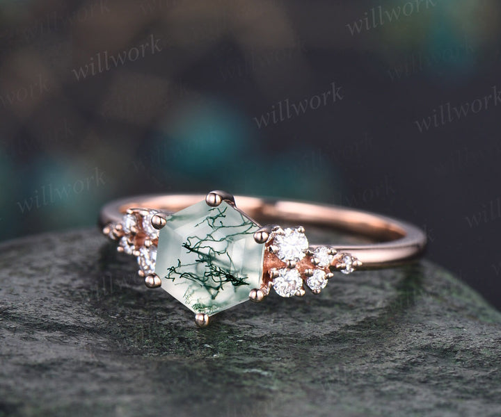 Hexagon cut green moss agate ring gold silver vintage snowdrift engagement ring set alternative unique engagement ring bridal ring set women