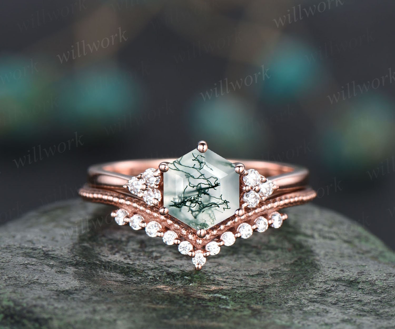 Hexagon cut green moss agate ring rose gold silver vintage unique