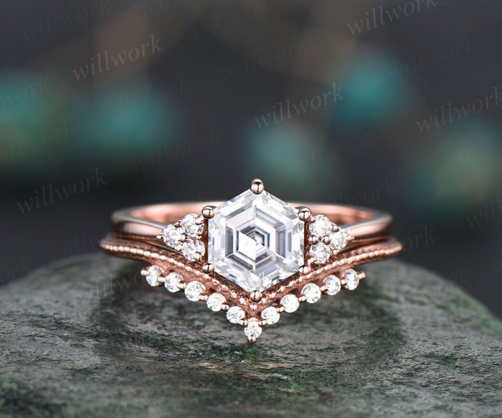 Unique moissanite engagement ring set hexagon cut ring vintage dainty diamond ring set 14k rose gold six prong wedding ring set for women