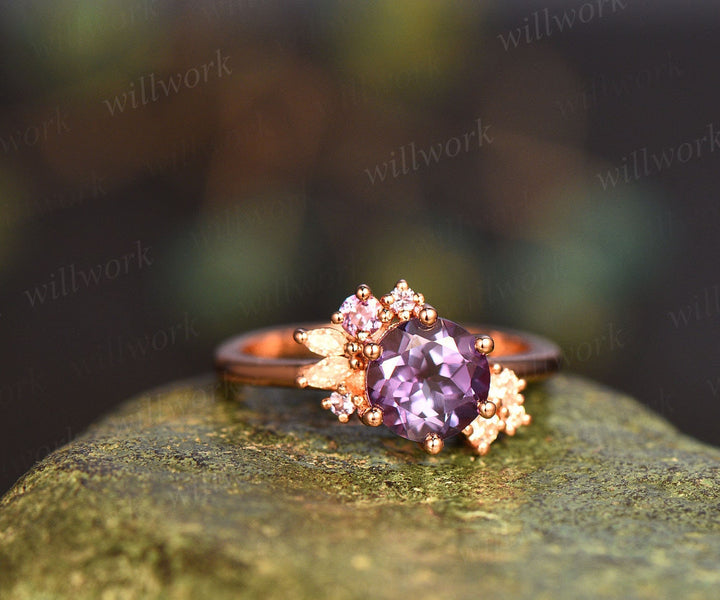 Round cut Alexandrite ring vintage cluster Alexandrite engagement ring rose gold six prong art deco diamond ring unique wedding ring women