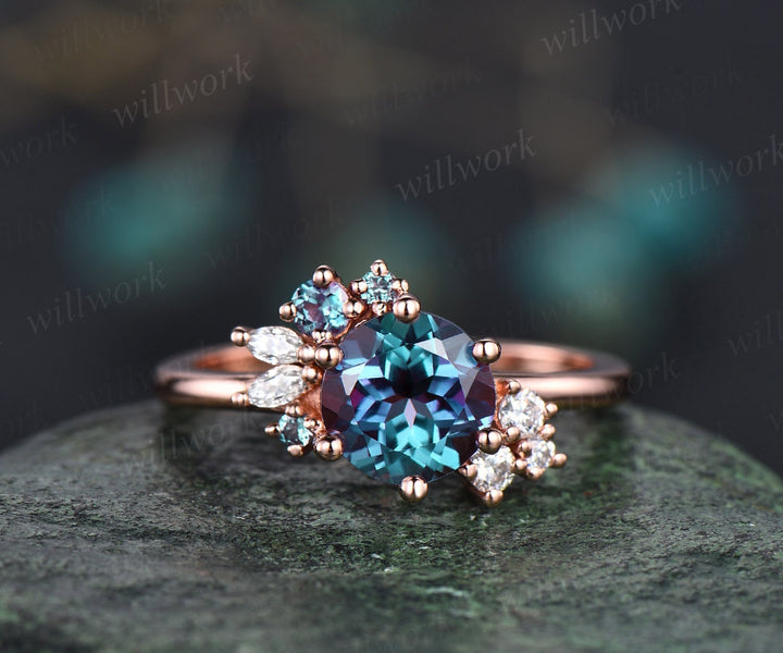 Round cut Alexandrite ring vintage cluster Alexandrite engagement ring rose gold six prong art deco diamond ring unique wedding ring women