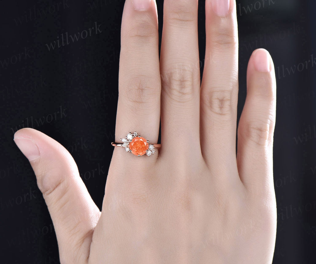 Round cut sunstone ring gold vintage sunstone engagement ring rose gold unique cluster engagement ring marquise cut diamond ring for women