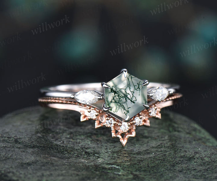 Vintage hexagon cut green moss agate engagement ring set rose gold three stone unique engagement ring art deco moissanite wedding ring women