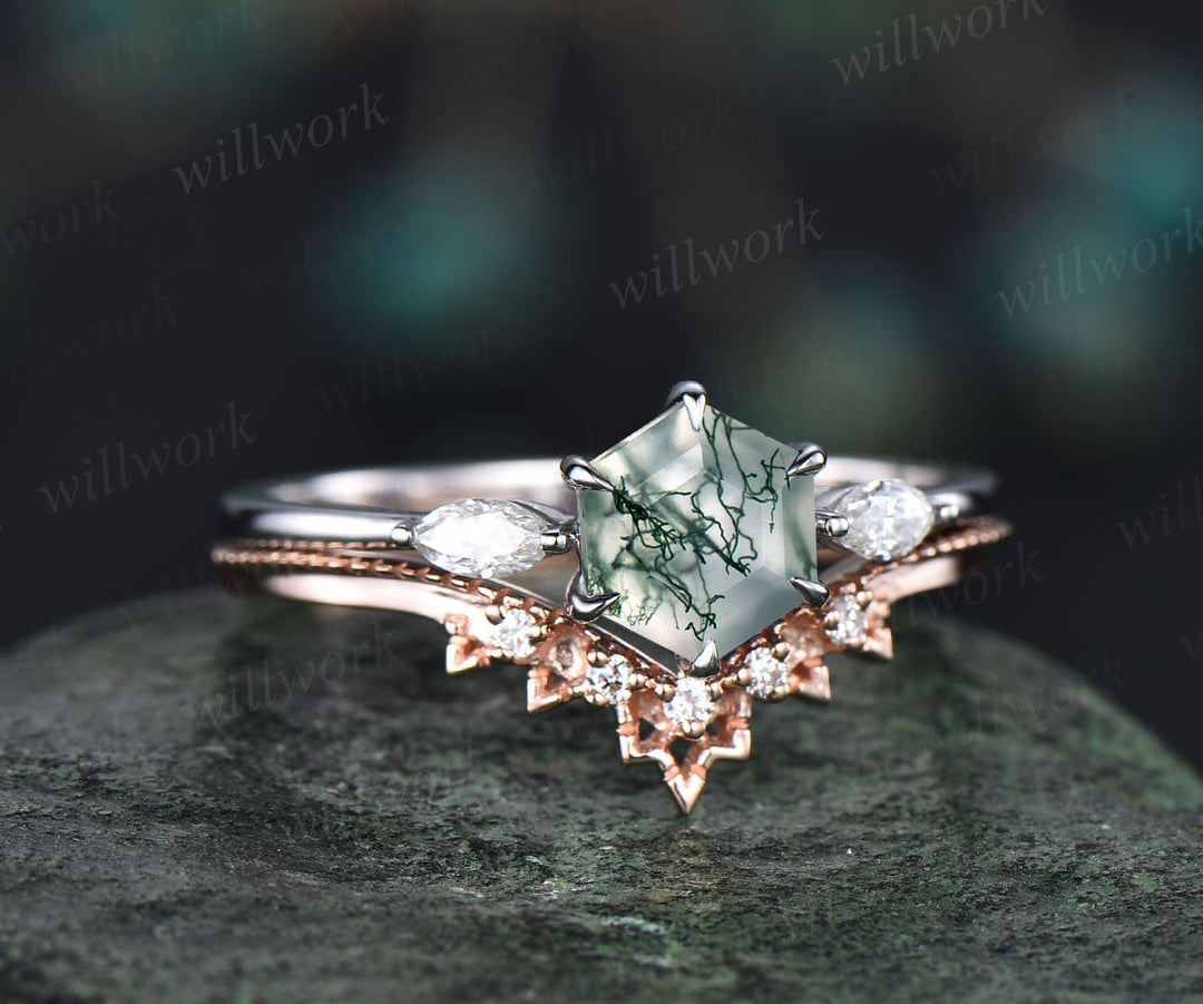 Unique moss agate wedding ring set vintage moss agate engagement ring –  WILLWORK JEWELRY