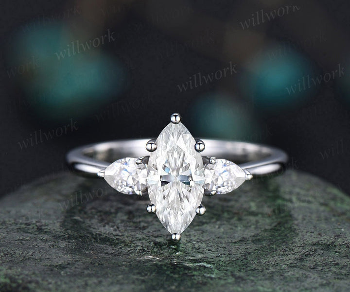 Marquise cut moissanite engagement ring white gold three stone unique engagement ring pear diamond ring six prong promise ring for her gifts