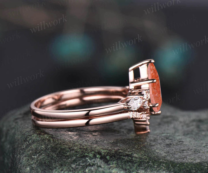 Kite cut sunstone ring gold vintage sunstone engagement ring set rose gold six prong art deco moissanite ring set promise ring for her gifts