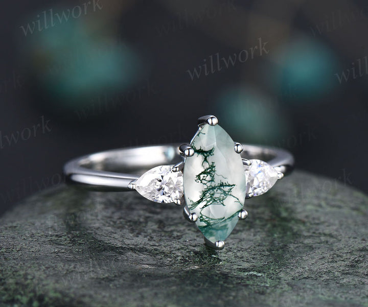 Marquise cut green moss agate ring gold vintage three stone moss agate engagement ring unique engagement ring pear diamond bridal ring gifts
