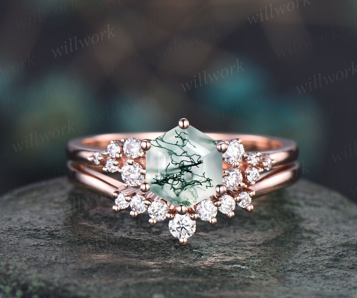 Hexagon cut green moss agate store ring rose gold halo emerald ring vintage kite cut alexandrite ring women unique engagement ring gemstone ring