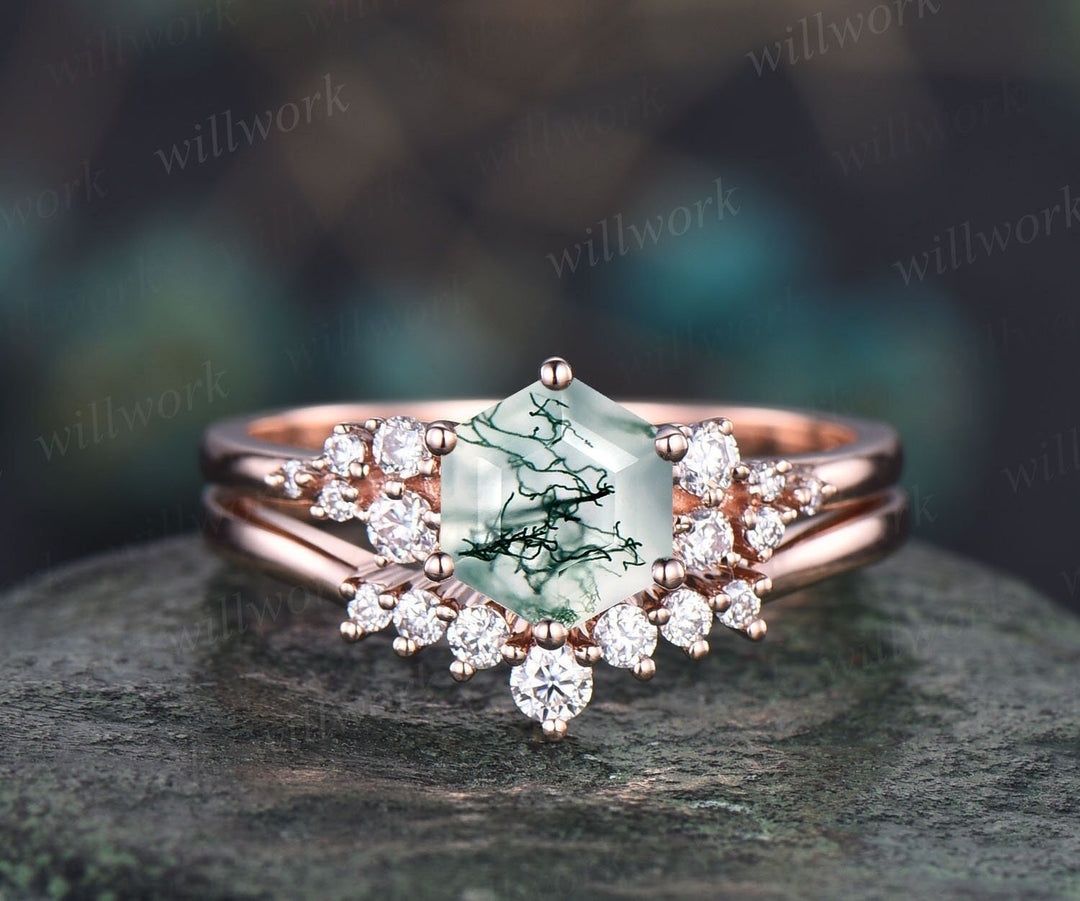 Hexagon cut green moss agate ring gold silver vintage snowdrift engagement ring set alternative unique engagement ring bridal ring set women