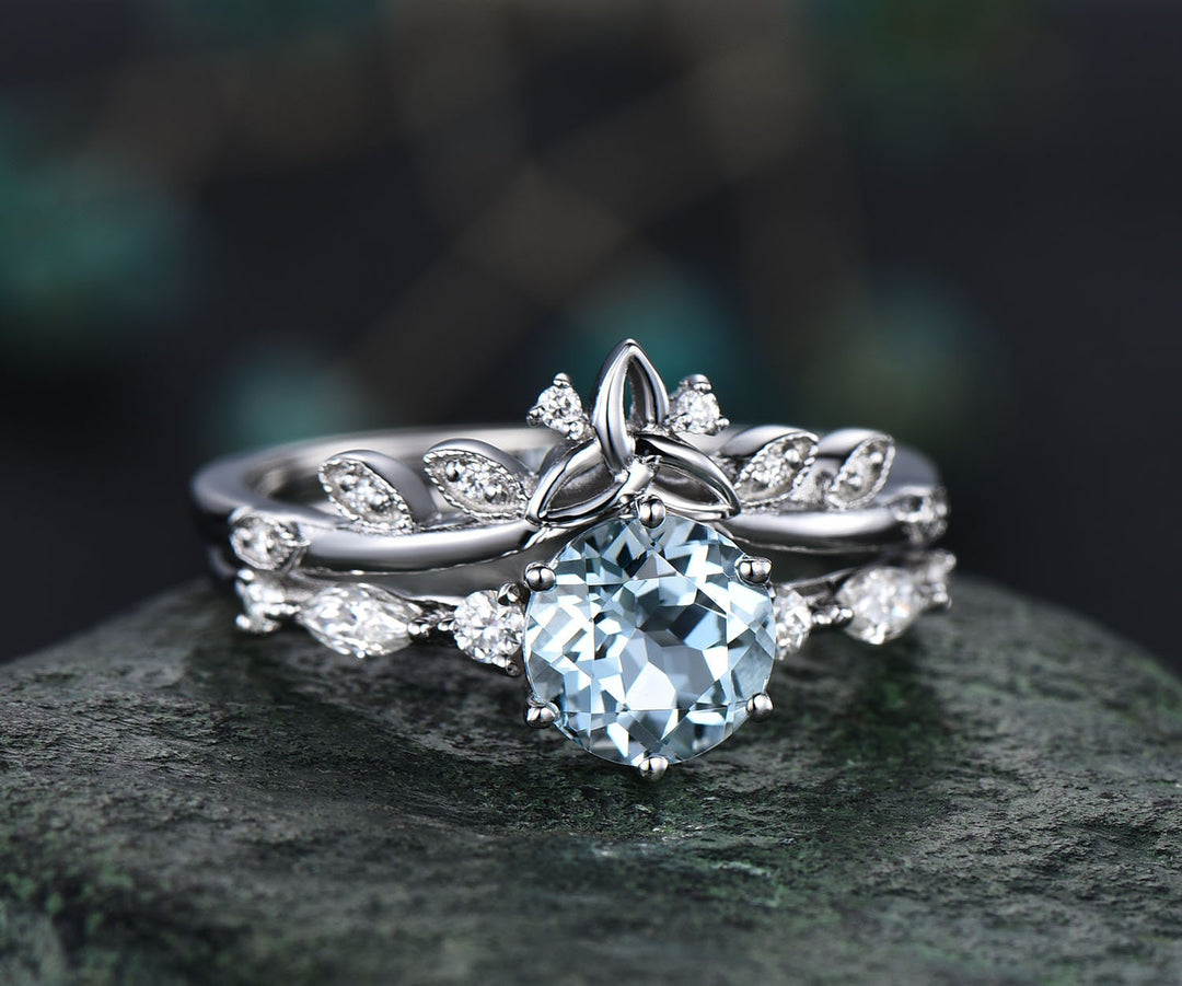 Round cut aquamarine ring gold vintage unique aquamarine engagement ring set art deco diamond ring set six prong marquise ring set jewelry