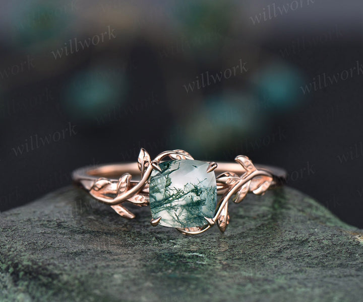 Cushion cut green moss agate ring vintage unique nature inspired engagement ring leaf 14k rose gold ring art deco bridal wedding ring women