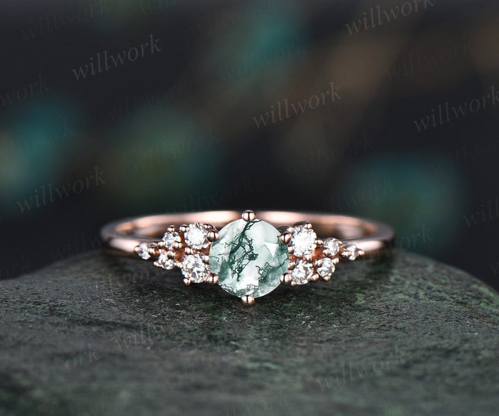 Moss agate ring green moss agate ring engagement ring white gold unique snowdrift engagement ring dainty diamond wedding ring women gifts