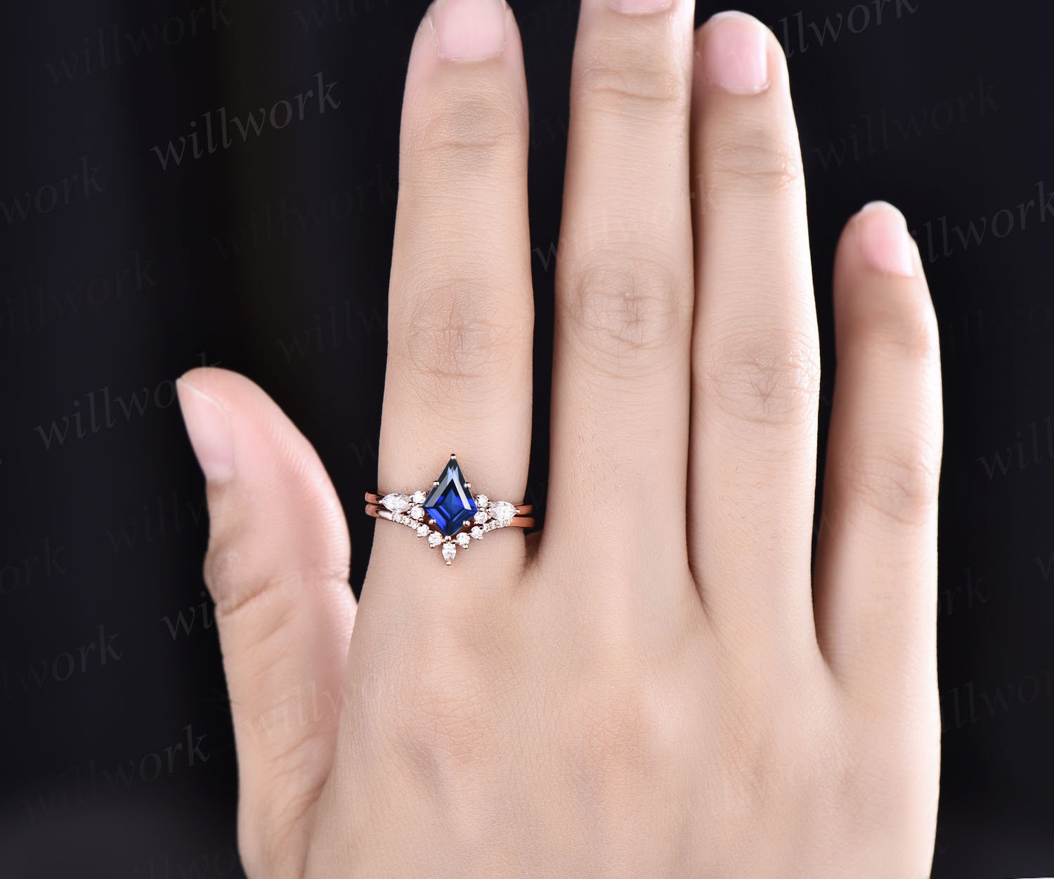 Kite Cut Blue Sapphire Engagement Ring Set 14k Gold Blue top Sapphire Wedding Ring For Women Art Deco Blue Sapphire Unique Anniversary Ring Set