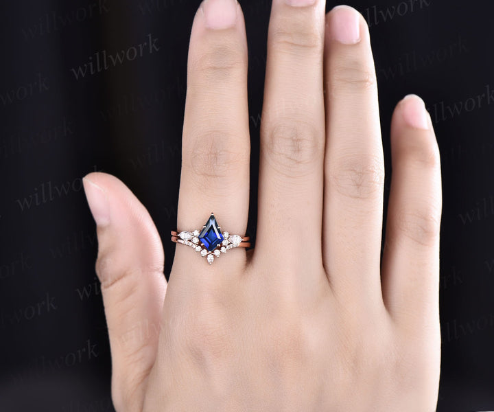 Vintage kite cut blue sapphire ring unique engagement ring set 14k rose gold marquise cut diamond ring women promise bridal wedding ring set