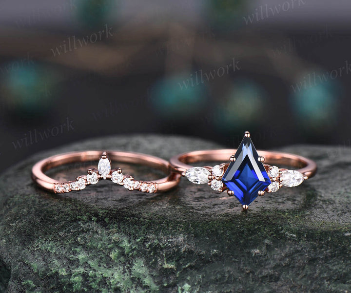 Vintage kite cut blue sapphire ring unique engagement ring set 14k rose gold marquise cut diamond ring women promise bridal wedding ring set