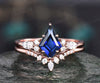 Vintage kite cut blue sapphire ring unique engagement ring set 14k rose gold marquise cut diamond ring women promise bridal wedding ring set