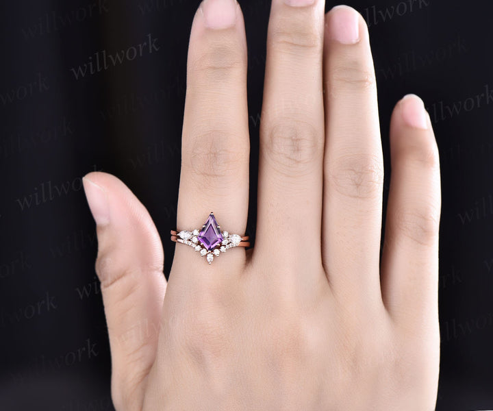 Vintage kite cut purple amethyst ring unique amethyst engagement ring set rose gold marquise cut diamond ring set bridal wedding ring set
