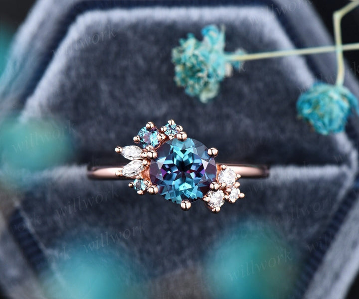 Round cut Alexandrite ring vintage cluster Alexandrite engagement ring rose gold 6 prong art deco diamond ring unique wedding ring for women