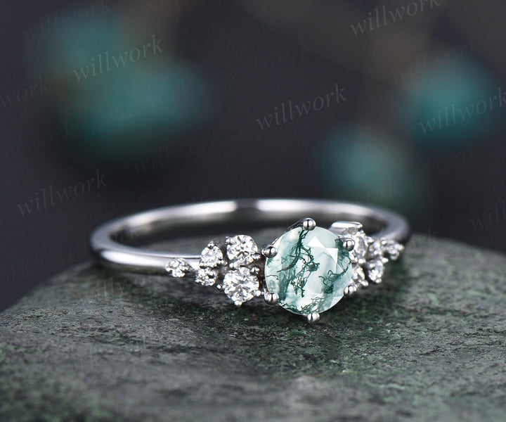 Moss agate ring green moss agate ring engagement ring white gold unique snowdrift engagement ring dainty diamond wedding ring women gifts