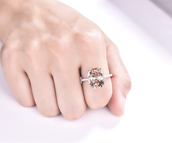 Morganite ring vintage oval cut pink morganite engagement ring 14k white gold half eternity diamond ring promise wedding ring women jewelry